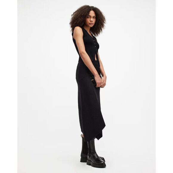 NEW Allsaints Gia Asymmetric Midi Ribbed Skirt in Black UK 10 US 6 - Picture 4 of 8